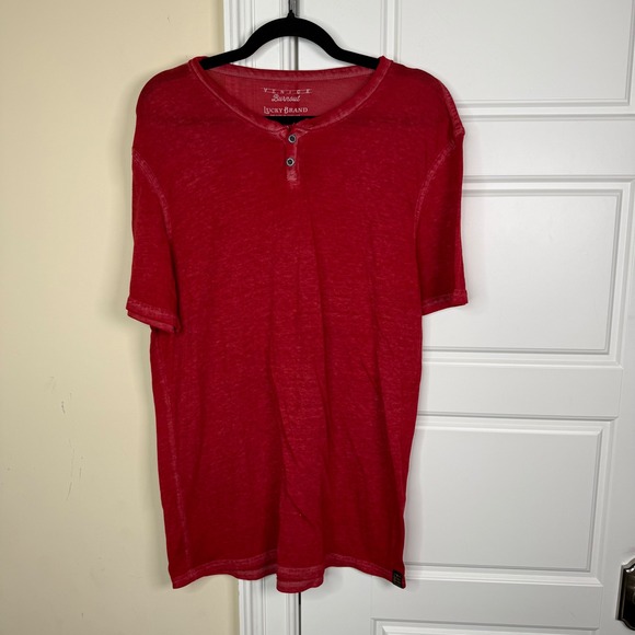 Lucky Brand Henley Shirt Mens Large Red Venice Burnout Short Sleeve Paper Thin - Picture 2 of 6